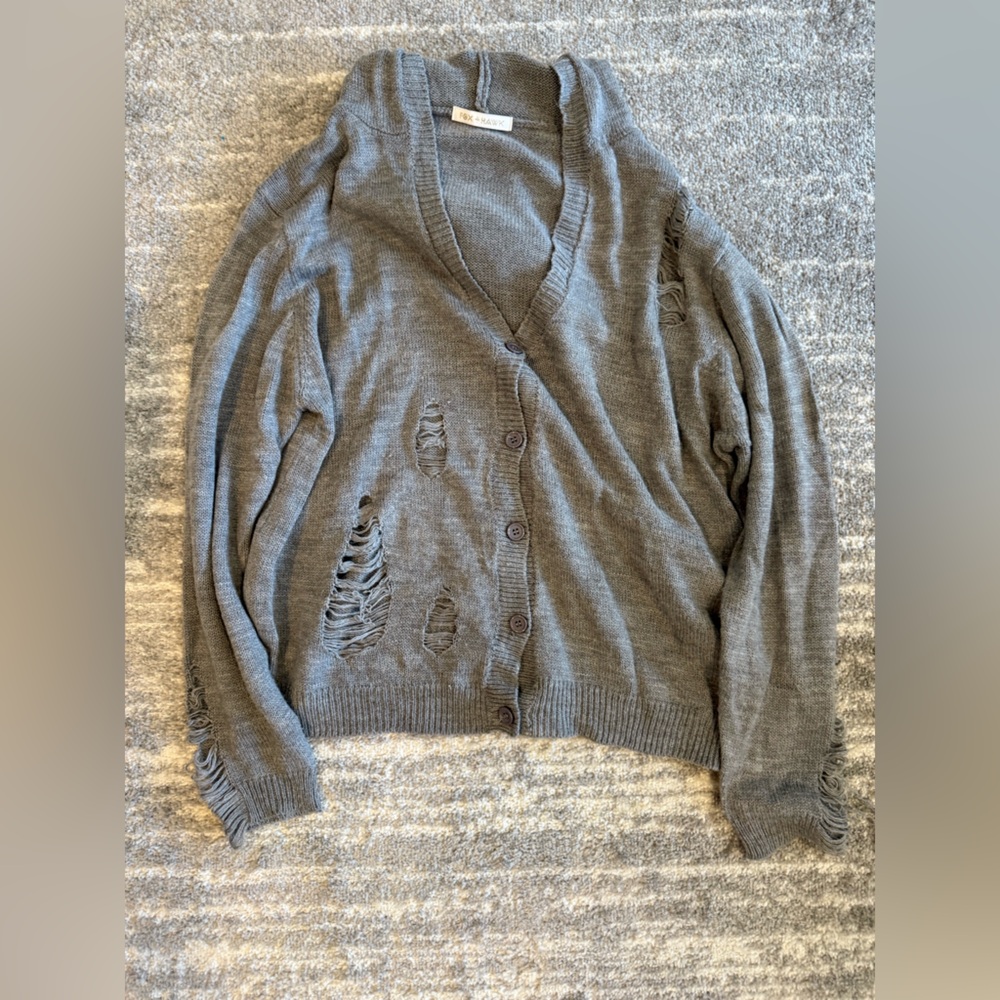 Gray Distressed Button-Up Sweater